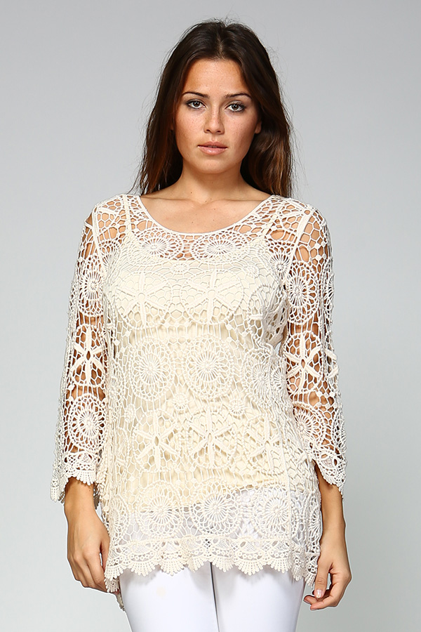 100% Cotton Crochet Tunic Top With Lining - Natural